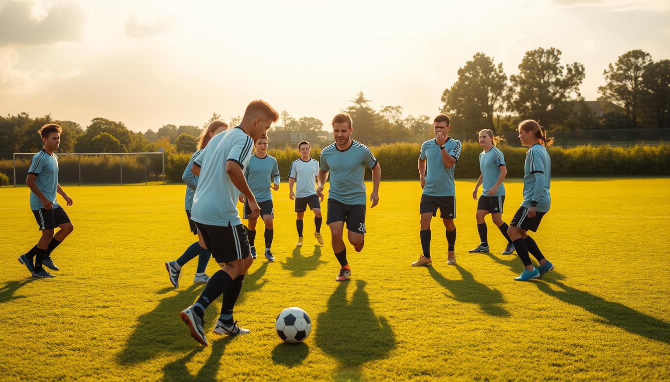A soccer field bathed in golden afternoon light, a group of players engaged in a dynamic drill focused on problem-solving and resilience. In the foreground, a player dribbles the ball with determination, their eyes scanning the field for the next move. Teammates surround them, offering encouragement and support, their body language conveying a sense of teamwork and camaraderie. In the middle ground, the coach observes intently, offering guidance and feedback, their expression reflecting the importance of the lesson being taught. The background features a backdrop of lush greenery and a cloudless sky, creating a serene and inspirational atmosphere. The scene is captured with a wide-angle lens, emphasizing the sense of movement and collaboration within the team.