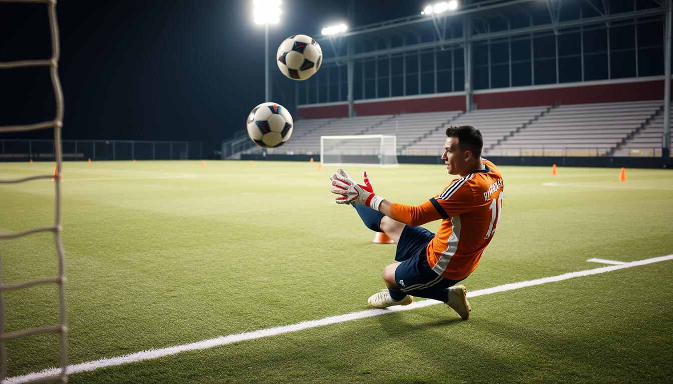 A soccer goalkeeper practices crucial saves and footwork techniques on a well-lit, meticulously maintained training pitch. The goalkeeper is focused and determined, wearing their team's jersey as they dive and leap to catch high-velocity shots. In the background, cones and markers dot the field, indicating the various drills and exercises being performed. The scene is captured with a wide-angle lens, showcasing the goalkeeper's agility and the structured nature of the training session. The overall atmosphere conveys a sense of professionalism, dedication, and the goalkeeper's commitment to honing their skills. A soccer goalkeeper practices crucial saves and footwork techniques on a well-lit, meticulously maintained training pitch. The goalkeeper is focused and determined, wearing their team's jersey as they dive and leap to catch high-velocity shots. In the background, cones and markers dot the field, indicating the various drills and exercises being performed. The scene is captured with a wide-angle lens, showcasing the goalkeeper's agility and the structured nature of the training session. The overall atmosphere conveys a sense of professionalism, dedication, and the goalkeeper's commitment to honing their skills.