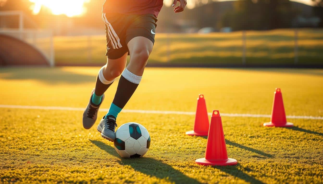 A soccer player expertly navigating through a set of agility cones, their nimble footwork and quick reactions on full display. The player's jersey in the team's colors stands out against the backdrop of a well-manicured soccer pitch, bathed in the warm glow of the late afternoon sun. The cones are spaced out in a dynamic pattern, challenging the player's speed, balance, and coordination. The scene is captured with a high-resolution, hyper-realistic photographic style, showcasing every detail of the player's form and the equipment used. A soccer player expertly navigating through a set of agility cones, their nimble footwork and quick reactions on full display. The player's jersey in the team's colors stands out against the backdrop of a well-manicured soccer pitch, bathed in the warm glow of the late afternoon sun. The cones are spaced out in a dynamic pattern, challenging the player's speed, balance, and coordination. The scene is captured with a high-resolution, hyper-realistic photographic style, showcasing every detail of the player's form and the equipment used.