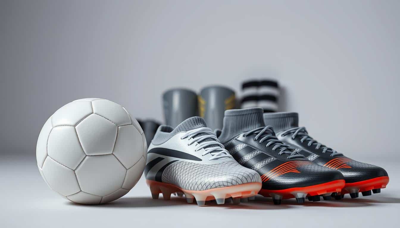A well-lit studio scene showcasing a selection of high-quality soccer equipment. In the foreground, a pristine soccer ball sits alongside a pair of sleek, state-of-the-art cleats in a range of sizes. The cleats feature a modern, aerodynamic design with strategically placed studs for optimal traction and control. In the middle ground, a neatly organized array of additional soccer accessories, such as shin guards and socks, create a sense of completeness. The background is softly blurred, emphasizing the focal point of the image and creating a sense of depth. The overall mood is one of professionalism, quality, and attention to detail, reflecting the importance of choosing the right equipment for a successful soccer experience.