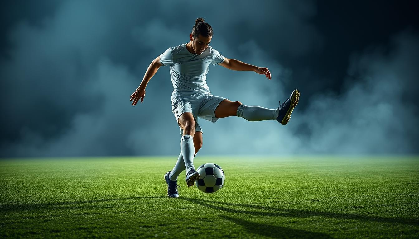 An athlete in a soccer uniform stands on a lush green pitch, legs spread, poised to strike the ball with powerful intent. Focused expression, muscles tensed, the player winds up for a thunderous shot, the ball's trajectory captured in a frozen moment of kinetic energy. Dramatic lighting casts dramatic shadows, highlighting the power and precision of the technique. The background blurs into a hazy, dreamlike field, emphasizing the player's singular, hyper-realistic form. An athlete in a soccer uniform stands on a lush green pitch, legs spread, poised to strike the ball with powerful intent. Focused expression, muscles tensed, the player winds up for a thunderous shot, the ball's trajectory captured in a frozen moment of kinetic energy. Dramatic lighting casts dramatic shadows, highlighting the power and precision of the technique. The background blurs into a hazy, dreamlike field, emphasizing the player's singular, hyper-realistic form.
