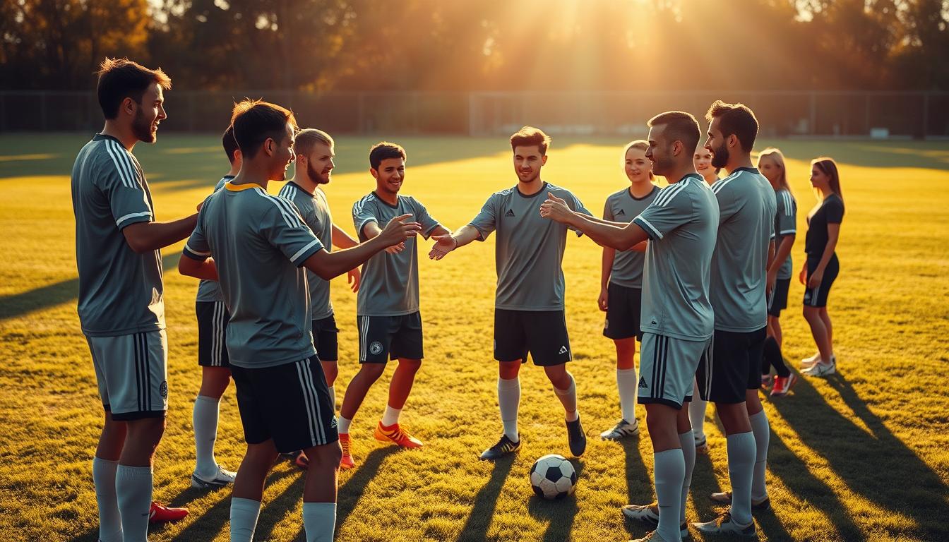 Hyper-realistic photo of a group of soccer players engaged in a team-building exercise, set against a sunlit field with lush green grass. In the foreground, players are standing in a circle, holding hands and leaning back, their faces radiating camaraderie and trust. In the middle ground, two players are passing a ball back and forth, their movements fluid and synchronized. In the background, the rest of the team is gathered, observing and offering encouragement, their expressions conveying a sense of unity and shared purpose. The scene is bathed in warm, golden light, creating a serene and uplifting atmosphere that captures the essence of lasting team chemistry.