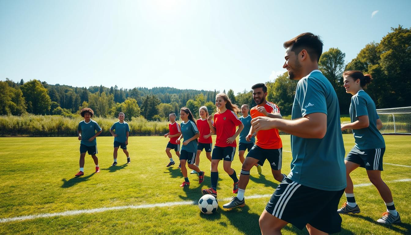 high-energy soccer team engaged in fun, energetic team-building activities on a vibrant, sun-dappled field, with players laughing and interacting in the foreground, middle-ground showcasing various exercises and games, and a backdrop of lush greenery and a clear blue sky creating an uplifting, joyful atmosphere, captured with a wide-angle lens to convey a sense of camaraderie and collaborative spirit, hyper-realistic photo