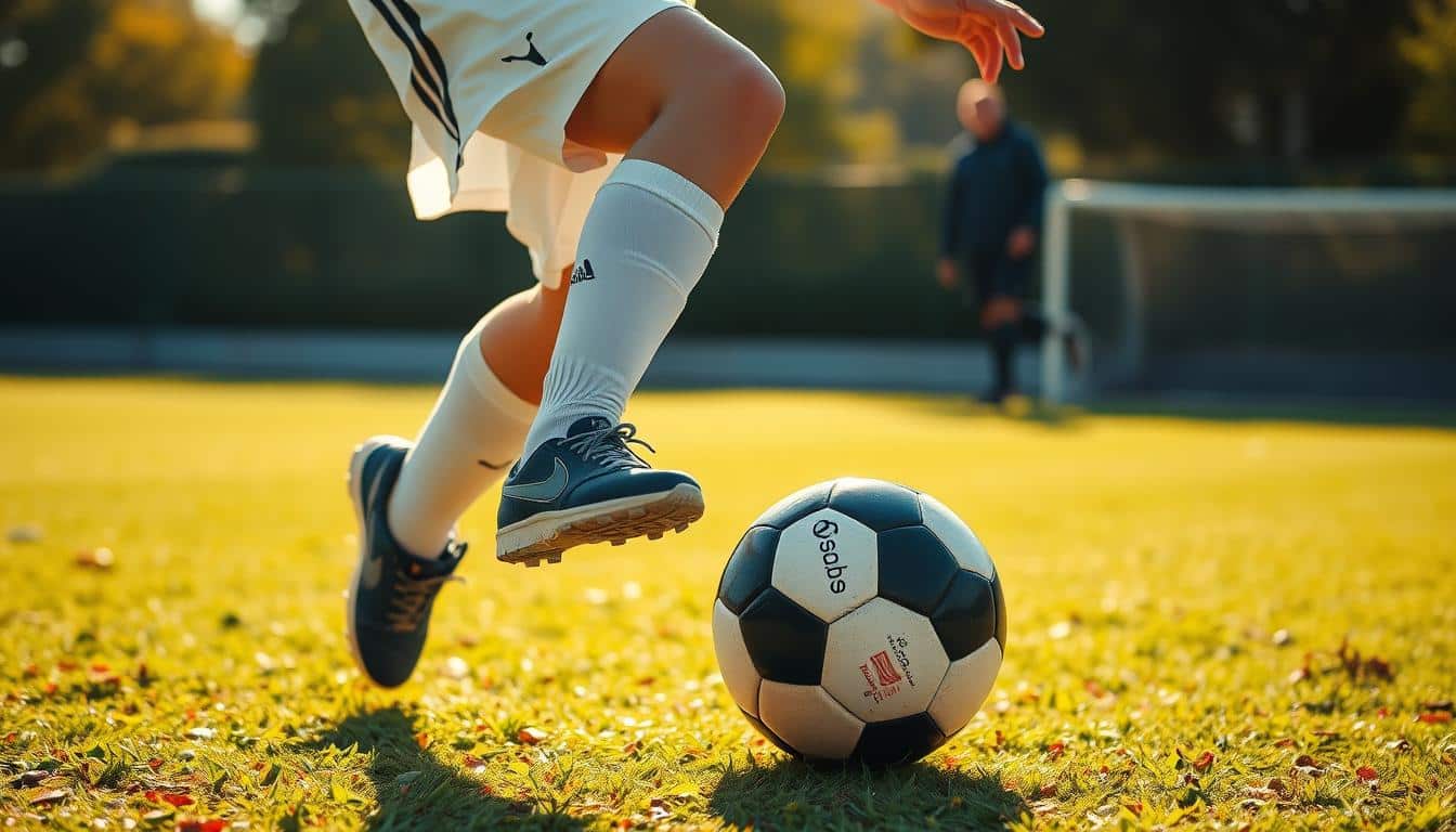 A dynamic soccer player deftly maneuvering the ball, showcasing agility, balance, and coordination. Set against a vibrant, sun-dappled field, the athlete's movements are captured in sharp, high-resolution detail. Warm, natural lighting bathes the scene, casting dynamic shadows and highlights that accentuate the player's agile form. The camera's wide-angle lens captures the player's full range of motion, allowing the viewer to appreciate the fluid grace and athleticism on display. The overall atmosphere conveys the excitement and energy of the sport, inspiring a sense of awe and admiration for the skills required to excel on the soccer pitch. A dynamic soccer player deftly maneuvering the ball, showcasing agility, balance, and coordination. Set against a vibrant, sun-dappled field, the athlete's movements are captured in sharp, high-resolution detail. Warm, natural lighting bathes the scene, casting dynamic shadows and highlights that accentuate the player's agile form. The camera's wide-angle lens captures the player's full range of motion, allowing the viewer to appreciate the fluid grace and athleticism on display. The overall atmosphere conveys the excitement and energy of the sport, inspiring a sense of awe and admiration for the skills required to excel on the soccer pitch.