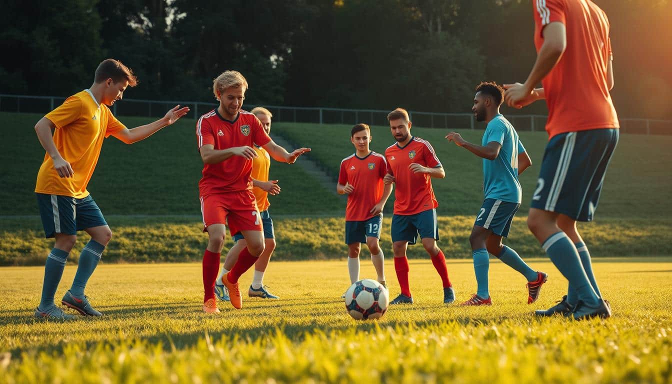 A group of soccer players intensely engaged in team communication drills, set against a lush, verdant soccer field. The players, in their vibrant team uniforms, are carefully coordinating passing, positioning, and strategic hand signals, their expressions focused and determined. The scene is bathed in warm, golden sunlight, casting long shadows and creating a sense of depth and drama. The camera angle is low, capturing the dynamic movement and energy of the drill from an immersive, ground-level perspective. Hyper-realistic details bring the players' facial expressions, the texture of their jerseys, and the lush blades of grass to life, creating a vivid and engaging image that showcases the importance of effective communication and teamwork in soccer. A group of soccer players intensely engaged in team communication drills, set against a lush, verdant soccer field. The players, in their vibrant team uniforms, are carefully coordinating passing, positioning, and strategic hand signals, their expressions focused and determined. The scene is bathed in warm, golden sunlight, casting long shadows and creating a sense of depth and drama. The camera angle is low, capturing the dynamic movement and energy of the drill from an immersive, ground-level perspective. Hyper-realistic details bring the players' facial expressions, the texture of their jerseys, and the lush blades of grass to life, creating a vivid and engaging image that showcases the importance of effective communication and teamwork in soccer.