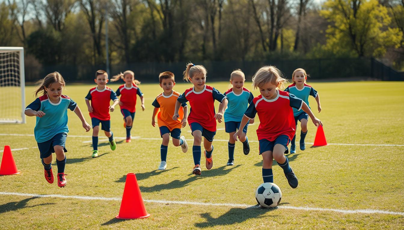 A group of young soccer players, decked out in their uniforms, engaged in a fast-paced "mini finisher" drill on a sun-dappled pitch. The kids deftly dribble the ball, weaving through cones and taking shots on goal, their expressions a blend of concentration and joy. The scene is captured in vibrant, natural 8K HDR photography, showcasing the dynamic action and the players' intense determination to end their training session on a high note.