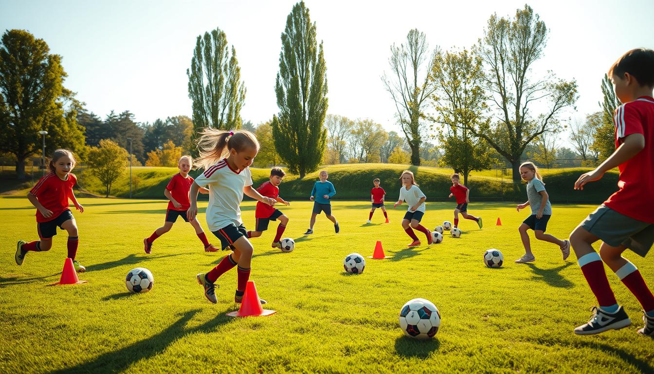 A group of young soccer players enthusiastically engaging in ball drills on a lush, verdant soccer pitch, under the warm glow of natural lighting captured in high-definition 8K HDR photography. The foreground features players deftly maneuvering the ball through cones, weaving and dribbling with focus and determination. In the middle ground, others practice passing and trapping the ball, their movements fluid and precise. The background showcases the vibrant green field, surrounded by towering trees and a clear, azure sky, creating a serene and energetic atmosphere. The scene conveys the joy and discipline of core fitness training with the soccer ball, as players build both skill and stamina. A group of young soccer players enthusiastically engaging in ball drills on a lush, verdant soccer pitch, under the warm glow of natural lighting captured in high-definition 8K HDR photography. The foreground features players deftly maneuvering the ball through cones, weaving and dribbling with focus and determination. In the middle ground, others practice passing and trapping the ball, their movements fluid and precise. The background showcases the vibrant green field, surrounded by towering trees and a clear, azure sky, creating a serene and energetic atmosphere. The scene conveys the joy and discipline of core fitness training with the soccer ball, as players build both skill and stamina.
