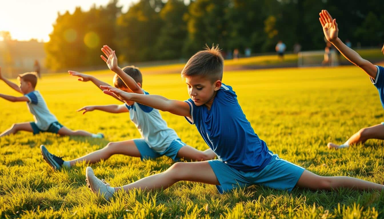 A group of young soccer players performing dynamic stretching exercises in a lush, green field. Foreground: Detailed close-ups of their limbs and muscles as they stretch, twist, and reach. Middle ground: The players move with fluid, graceful motions, their faces filled with concentration. Background: The field is bathed in warm, golden sunlight, with tall trees lining the horizon. Crisp, natural 8K HDR photography captures every bead of sweat and toned muscle, showcasing the importance of flexibility for young athletes.