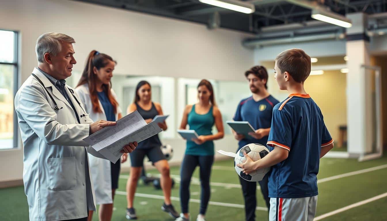 A healthcare professional in a white coat stands in the foreground, examining a young patient while gesturing to medical charts and equipment. In the middle ground, a team of fitness trainers and nutritionists collaborate, discussing an exercise and dietary plan. The background features a well-equipped sports medicine clinic, with state-of-the-art facilities and modern, bright lighting. The scene conveys a sense of expertise, care, and a collaborative approach to supporting the overall health and fitness of the young patient.