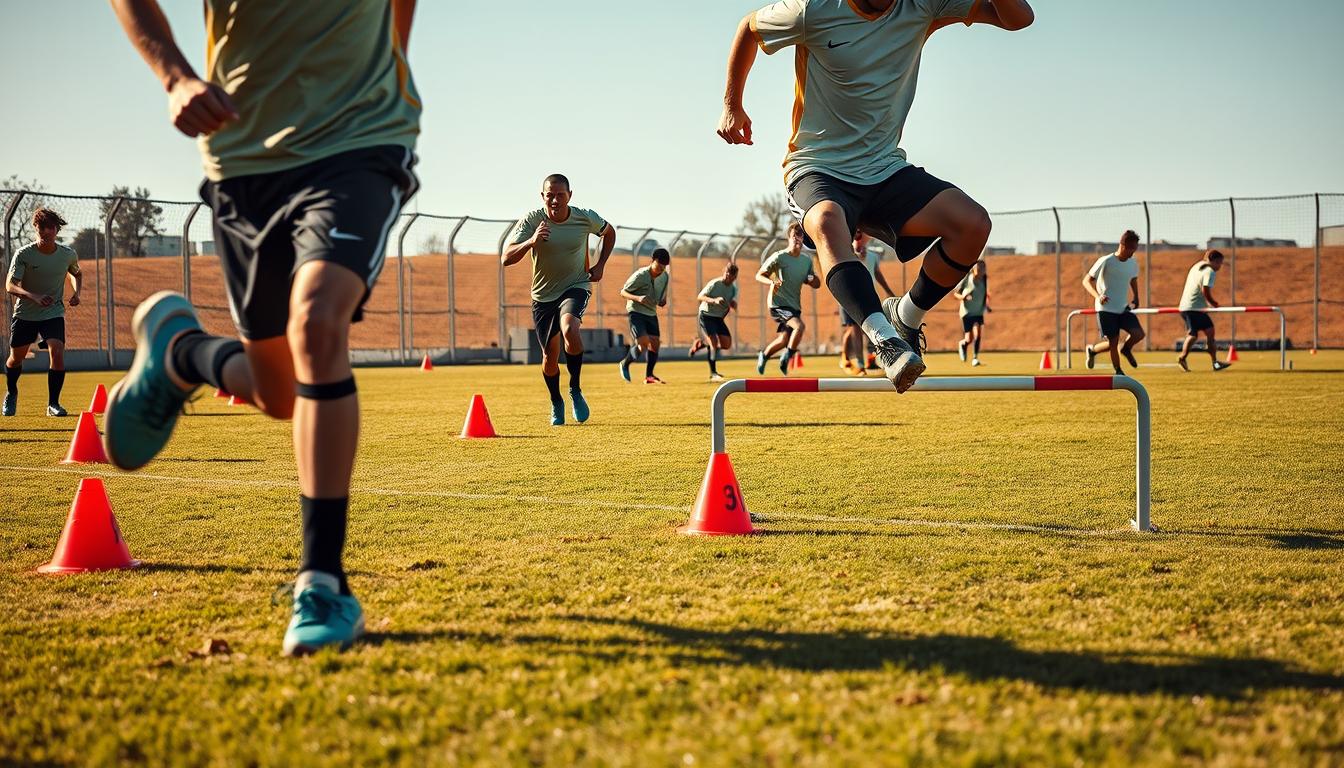 A hyper-realistic photo of a group of soccer players performing dynamic agility drills on a grass field. The foreground features two players weaving through a line of cones, their bodies in fluid motion, showcasing their quick footwork and balance. In the middle ground, another player leaps over a low hurdle, their limbs extended with precise control. In the background, the rest of the team is engaged in various drills, such as shuttle runs and ladder drills, all captured with a shallow depth of field to emphasize the action in the foreground. The scene is illuminated by warm, natural lighting, casting long shadows and highlighting the players' intense focus and athleticism. A hyper-realistic photo of a group of soccer players performing dynamic agility drills on a grass field. The foreground features two players weaving through a line of cones, their bodies in fluid motion, showcasing their quick footwork and balance. In the middle ground, another player leaps over a low hurdle, their limbs extended with precise control. In the background, the rest of the team is engaged in various drills, such as shuttle runs and ladder drills, all captured with a shallow depth of field to emphasize the action in the foreground. The scene is illuminated by warm, natural lighting, casting long shadows and highlighting the players' intense focus and athleticism.