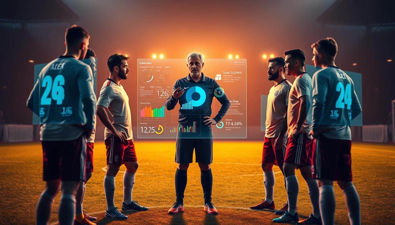 A hyper-realistic soccer pitch, dimly lit with warm hues, showcases a group of players gathered around a holographic display. Vibrant data visualizations highlight key performance metrics, guiding the team's discussion on actionable improvement goals. The coach, standing at the center, gestures towards the projected analytics, as the players intently study the insights, their faces illuminated by the digital interface. The atmosphere is one of thoughtful contemplation, with the players determined to translate these data-driven revelations into tangible strategies for their next match. A hyper-realistic soccer pitch, dimly lit with warm hues, showcases a group of players gathered around a holographic display. Vibrant data visualizations highlight key performance metrics, guiding the team's discussion on actionable improvement goals. The coach, standing at the center, gestures towards the projected analytics, as the players intently study the insights, their faces illuminated by the digital interface. The atmosphere is one of thoughtful contemplation, with the players determined to translate these data-driven revelations into tangible strategies for their next match.