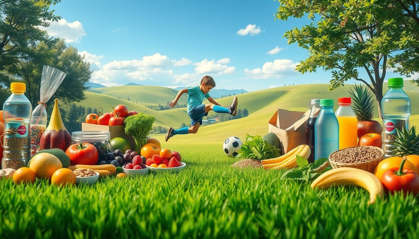 A vibrant and detailed illustration of the fundamentals of nutrition and hydration for young soccer players. In the foreground, an array of healthy foods and beverages including fresh fruits, vegetables, whole grains, and water bottles, all arranged in a visually appealing manner. The middle ground features a young soccer player in a dynamic kicking pose, demonstrating the importance of proper fueling for athletic performance. The background showcases a lush, natural landscape with rolling hills and a clear, blue sky, creating a serene and energizing atmosphere. The lighting is soft and diffused, capturing the scene in natural HDR. The overall composition conveys the message of how sound nutrition and hydration can support the training and play of young soccer athletes. A vibrant and detailed illustration of the fundamentals of nutrition and hydration for young soccer players. In the foreground, an array of healthy foods and beverages including fresh fruits, vegetables, whole grains, and water bottles, all arranged in a visually appealing manner. The middle ground features a young soccer player in a dynamic kicking pose, demonstrating the importance of proper fueling for athletic performance. The background showcases a lush, natural landscape with rolling hills and a clear, blue sky, creating a serene and energizing atmosphere. The lighting is soft and diffused, capturing the scene in natural HDR. The overall composition conveys the message of how sound nutrition and hydration can support the training and play of young soccer athletes.