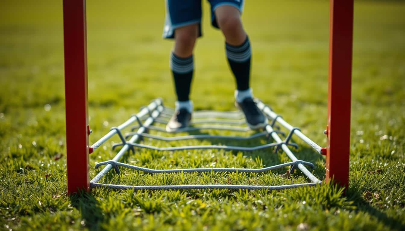 A well-lit, natural photography scene in 8k HDR, capturing an agility ladder set up on a grassy field. The ladder's rungs are spaced evenly, creating a clean, geometric pattern that draws the eye. The foreground shows the ladder in crisp detail, with blades of grass visible between the rungs. In the middle ground, a young soccer player stands ready, their feet poised to dart through the ladder's patterns. The background is slightly blurred, revealing a lush, verdant field stretching out behind the player, creating a sense of depth and movement. A well-lit, natural photography scene in 8k HDR, capturing an agility ladder set up on a grassy field. The ladder's rungs are spaced evenly, creating a clean, geometric pattern that draws the eye. The foreground shows the ladder in crisp detail, with blades of grass visible between the rungs. In the middle ground, a young soccer player stands ready, their feet poised to dart through the ladder's patterns. The background is slightly blurred, revealing a lush, verdant field stretching out behind the player, creating a sense of depth and movement.