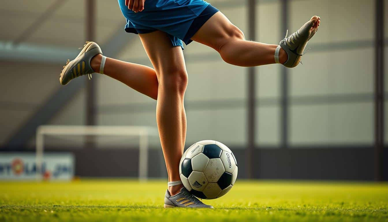 A young athlete balances gracefully on one leg, their body in perfect alignment, muscles engaged, showcasing the agility and balance essential for soccer. The scene is captured in natural 8K HDR photography, with warm, diffused lighting illuminating the athlete's form. The background is blurred, maintaining the focus on the intricate movements and poise of the subject. The image conveys the importance of developing these physical attributes to enhance performance and prevent injuries in the sport of soccer.