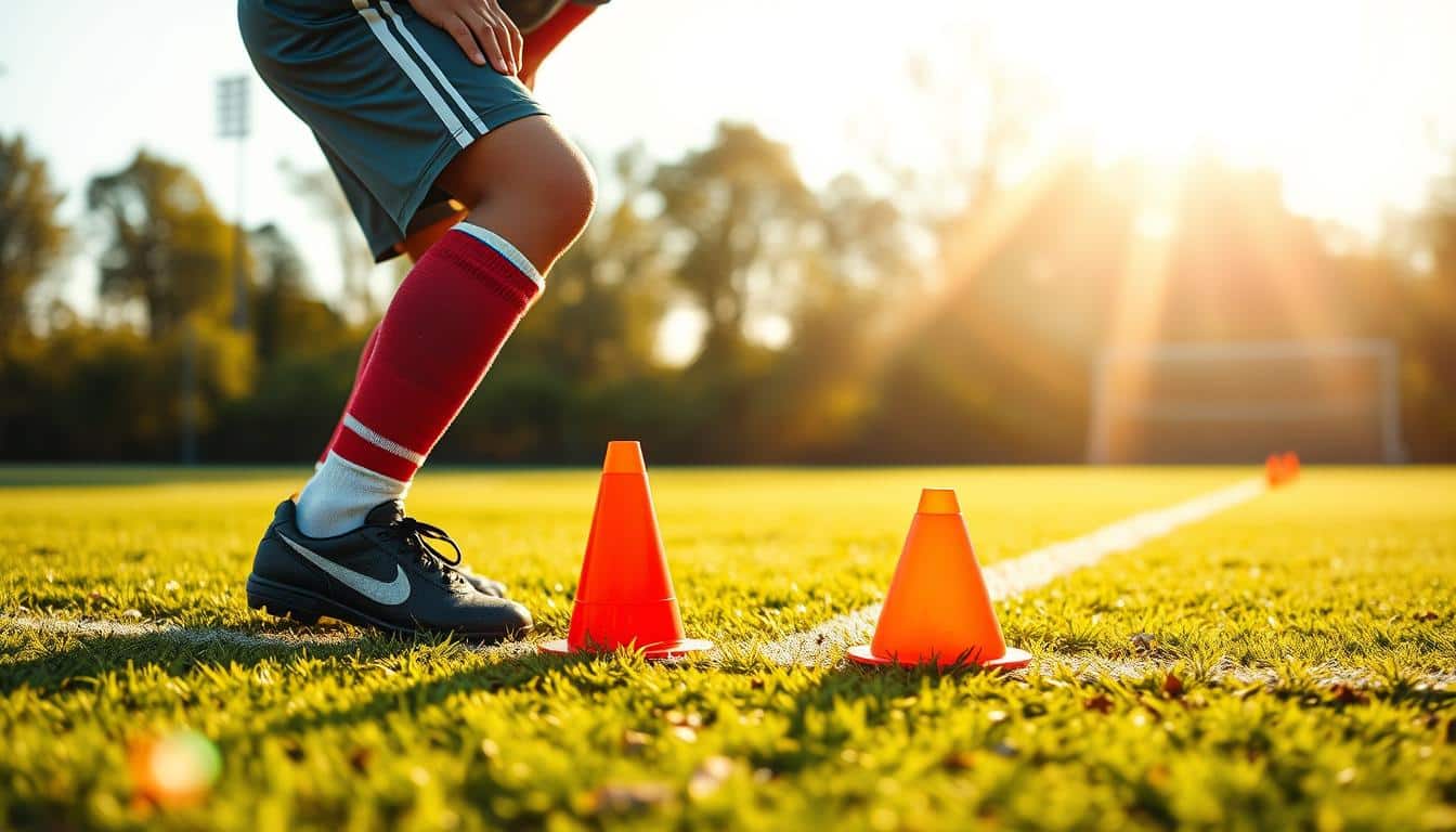 A young soccer player stands at the starting line, their body poised in a sprinting stance, legs coiled with anticipation. The acceleration cone rises before them, a vivid orange marker against the lush green grass of the soccer pitch. Warm sunlight filters through the air, casting a golden glow and creating dynamic shadows that accentuate the athlete's form. The camera captures this moment in crisp 8K resolution, the high dynamic range revealing every nuance of the scene. This is the starting point for a burst of speed, a dynamic first step that will propel the player forward with explosive power.