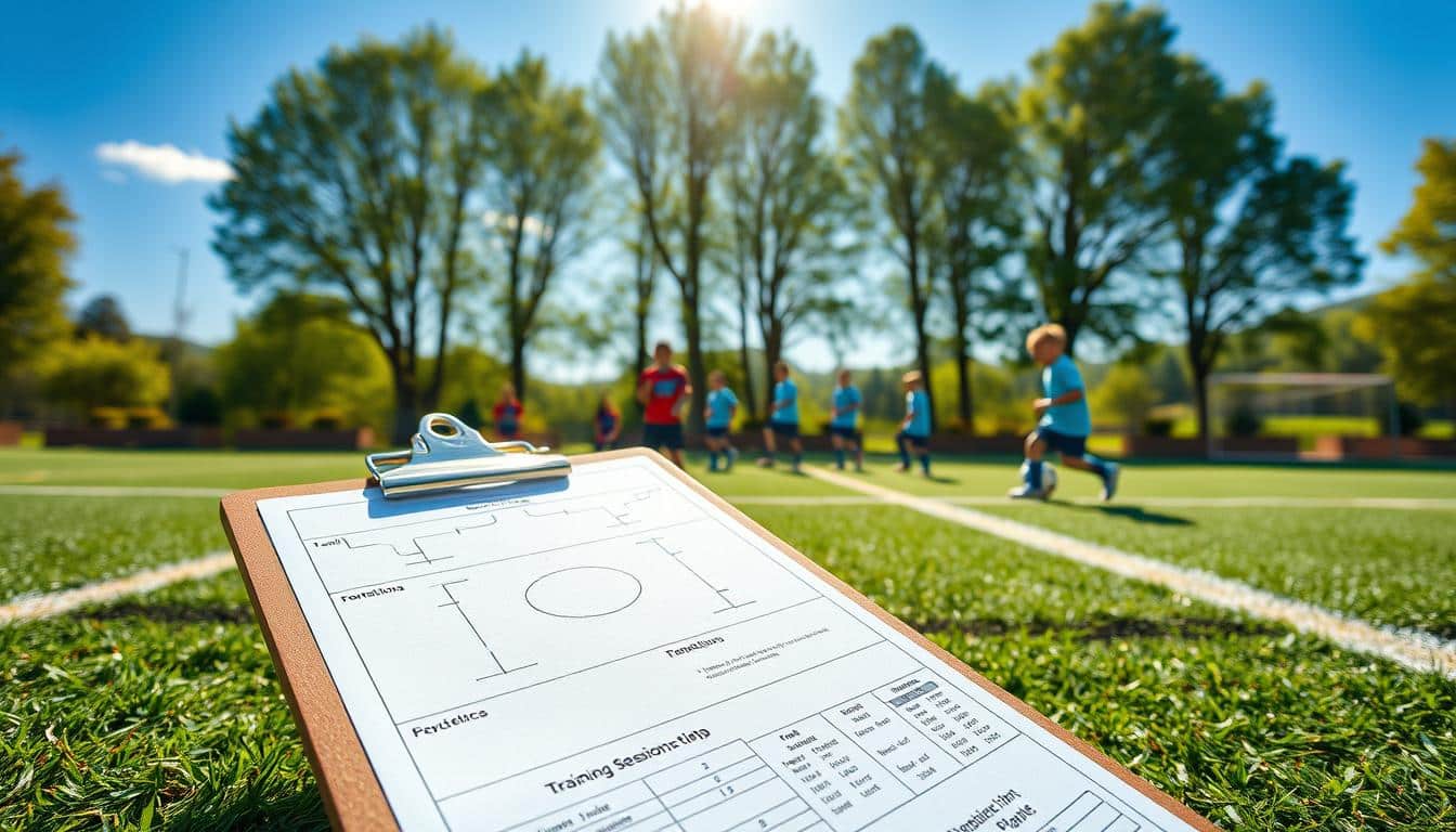 Vibrant, sun-drenched soccer field with a crisp, clean training session plan laid out on a clipboard. In the foreground, the plan features meticulously detailed drills, formations, and practice schedules for young players. The middle ground showcases a group of enthusiastic kids engaged in dynamic warm-up exercises, their expressions filled with focus and determination. In the background, verdant trees and a clear blue sky create a serene, inspiring atmosphere, evoking the spirit of endurance and teamwork essential for young soccer players. The scene is captured through the lens of a high-quality camera, rendering the image in stunning 8K HDR resolution. Vibrant, sun-drenched soccer field with a crisp, clean training session plan laid out on a clipboard. In the foreground, the plan features meticulously detailed drills, formations, and practice schedules for young players. The middle ground showcases a group of enthusiastic kids engaged in dynamic warm-up exercises, their expressions filled with focus and determination. In the background, verdant trees and a clear blue sky create a serene, inspiring atmosphere, evoking the spirit of endurance and teamwork essential for young soccer players. The scene is captured through the lens of a high-quality camera, rendering the image in stunning 8K HDR resolution.