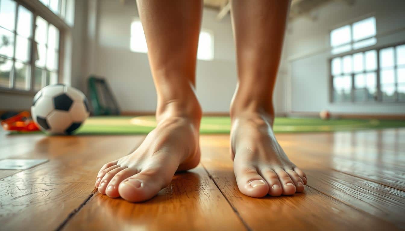 a pair of human feet on a wooden floor, toes wiggling and stretching, warm-up exercises before a soccer practice, natural lighting from large windows creates a soft, diffused glow, high-resolution 8k HDR photography captures every detail of skin texture and muscle movement, the feet are the primary focus, filling the frame, with a blurred background of a soccer ball and other training equipment, a sense of anticipation and preparation for the upcoming session a pair of human feet on a wooden floor, toes wiggling and stretching, warm-up exercises before a soccer practice, natural lighting from large windows creates a soft, diffused glow, high-resolution 8k HDR photography captures every detail of skin texture and muscle movement, the feet are the primary focus, filling the frame, with a blurred background of a soccer ball and other training equipment, a sense of anticipation and preparation for the upcoming session
