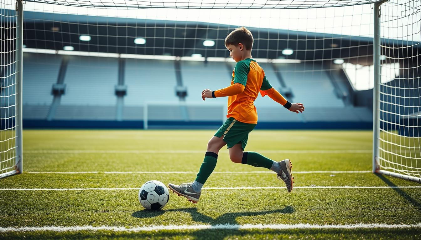 a young goalkeeper performing intricate footwork drills in a well-lit, pristine soccer goal area, with a clean, modern sports field in the background. The goalkeeper is moving quickly, with precise, agile steps, their body positioned low and center of gravity shifted, ready to react to incoming shots. Crisp natural lighting highlights the player's intense focus and dynamic movement, captured in a high-resolution, high-dynamic-range photograph that emphasizes the technical details of the footwork and the goalkeeper's athleticism.