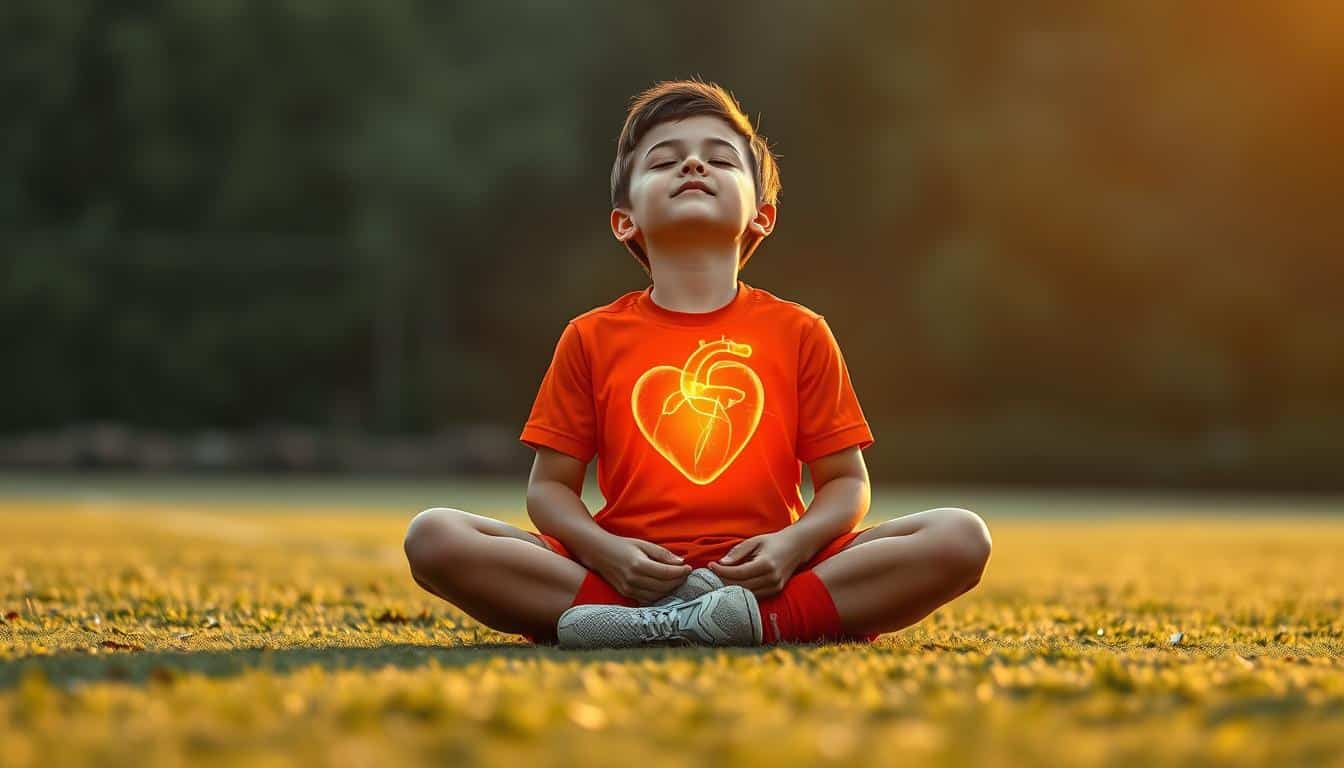 a young person sitting cross-legged on the ground, eyes closed, hands resting on their knees, with a glowing, beating heart emerging from their chest, radiating warm light, representing the breathing and heart-rate control during a cool-down exercise, natural photography in 8k, hdr a young person sitting cross-legged on the ground, eyes closed, hands resting on their knees, with a glowing, beating heart emerging from their chest, radiating warm light, representing the breathing and heart-rate control during a cool-down exercise, natural photography in 8k, hdr